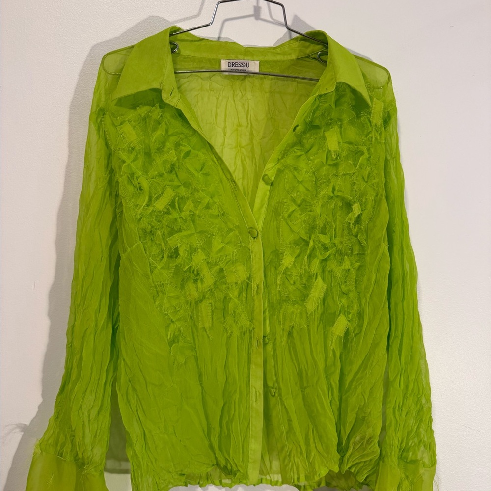 Lime Green Ruffle Button-Front Blouse - Picture 3 of 6